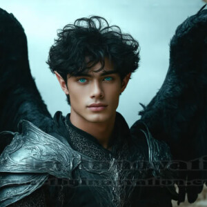 In this gallery, AI-generated dark angels — handsome fallen angels with massive black and silver wings in gothic atmospheric settings. UHD digital art collection.