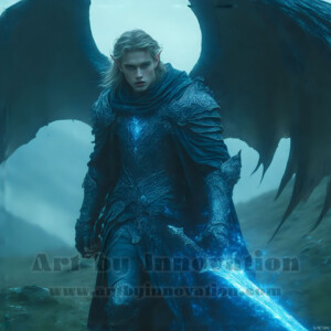 In this gallery, AI-generated dark angels — handsome fallen angels with massive black and silver wings in gothic atmospheric settings. UHD digital art collection.