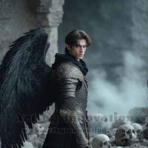 In this gallery, AI-generated dark angels — handsome fallen angels with massive black and silver wings in gothic atmospheric settings. UHD digital art collection.