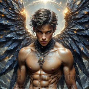 In this gallery, AI-generated dark angels — handsome fallen angels with massive black and silver wings in gothic atmospheric settings. UHD digital art collection.