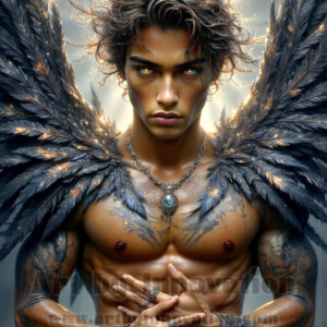 In this gallery, AI-generated dark angels — handsome fallen angels with massive black and silver wings in gothic atmospheric settings. UHD digital art collection.