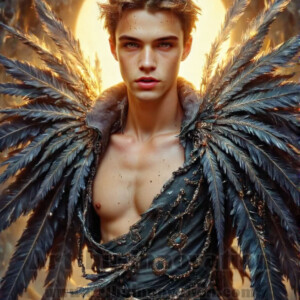 In this gallery, AI-generated dark angels — handsome fallen angels with massive black and silver wings in gothic atmospheric settings. UHD digital art collection.