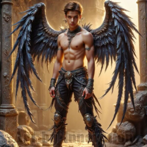 In this gallery, AI-generated dark angels — handsome fallen angels with massive black and silver wings in gothic atmospheric settings. UHD digital art collection.