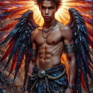 In this gallery, AI-generated dark angels — handsome fallen angels with massive black and silver wings in gothic atmospheric settings. UHD digital art collection.