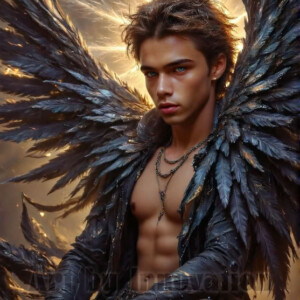 In this gallery, AI-generated dark angels — handsome fallen angels with massive black and silver wings in gothic atmospheric settings. UHD digital art collection.