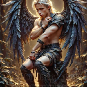 In this gallery, AI-generated dark angels — handsome fallen angels with massive black and silver wings in gothic atmospheric settings. UHD digital art collection.