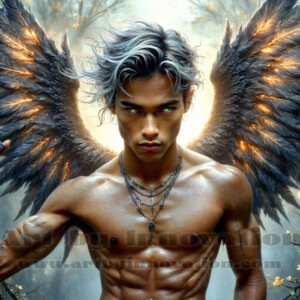 In this gallery, AI-generated dark angels — handsome fallen angels with massive black and silver wings in gothic atmospheric settings. UHD digital art collection.