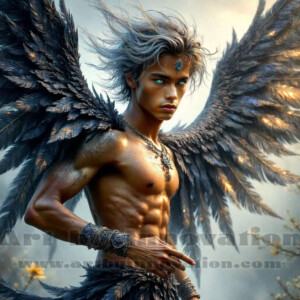 In this gallery, AI-generated dark angels — handsome fallen angels with massive black and silver wings in gothic atmospheric settings. UHD digital art collection.
