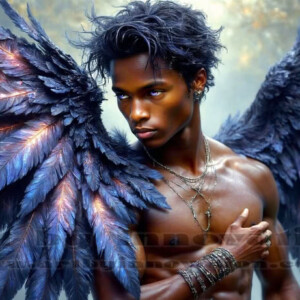 In this gallery, AI-generated dark angels — handsome fallen angels with massive black and silver wings in gothic atmospheric settings. UHD digital art collection.