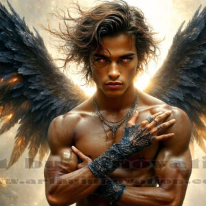 In this gallery, AI-generated dark angels — handsome fallen angels with massive black and silver wings in gothic atmospheric settings. UHD digital art collection.