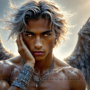 In this gallery, AI-generated dark angels — handsome fallen angels with massive black and silver wings in gothic atmospheric settings. UHD digital art collection.