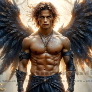 In this gallery, AI-generated dark angels — handsome fallen angels with massive black and silver wings in gothic atmospheric settings. UHD digital art collection.