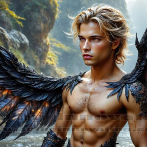 In this gallery, AI-generated dark angels — handsome fallen angels with massive black and silver wings in gothic atmospheric settings. UHD digital art collection.