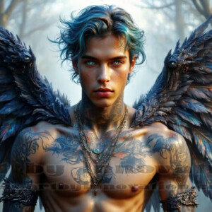In this gallery, AI-generated dark angels — handsome fallen angels with massive black and silver wings in gothic atmospheric settings. UHD digital art collection.