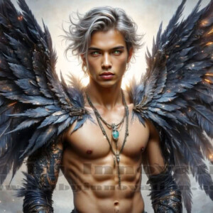 In this gallery, AI-generated dark angels — handsome fallen angels with massive black and silver wings in gothic atmospheric settings. UHD digital art collection.