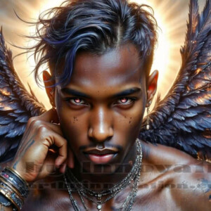 In this gallery, AI-generated dark angels — handsome fallen angels with massive black and silver wings in gothic atmospheric settings. UHD digital art collection.