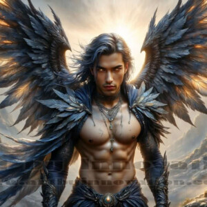 In this gallery, AI-generated dark angels — handsome fallen angels with massive black and silver wings in gothic atmospheric settings. UHD digital art collection.