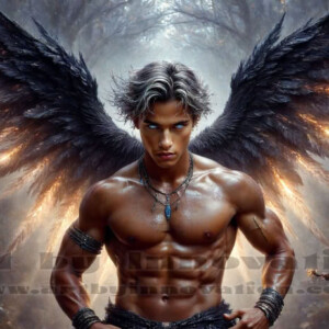 In this gallery, AI-generated dark angels — handsome fallen angels with massive black and silver wings in gothic atmospheric settings. UHD digital art collection.