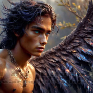 In this gallery, AI-generated dark angels — handsome fallen angels with massive black and silver wings in gothic atmospheric settings. UHD digital art collection.