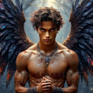 In this gallery, AI-generated dark angels — handsome fallen angels with massive black and silver wings in gothic atmospheric settings. UHD digital art collection.