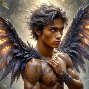 In this gallery, AI-generated dark angels — handsome fallen angels with massive black and silver wings in gothic atmospheric settings. UHD digital art collection.