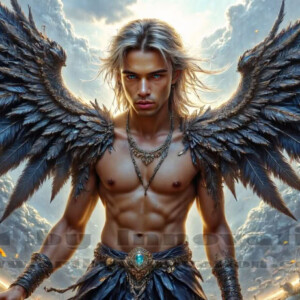 In this gallery, AI-generated dark angels — handsome fallen angels with massive black and silver wings in gothic atmospheric settings. UHD digital art collection.