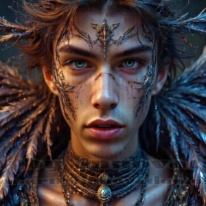 In this gallery, AI-generated dark angels — handsome fallen angels with massive black and silver wings in gothic atmospheric settings. UHD digital art collection.