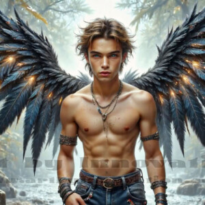 In this gallery, AI-generated dark angels — handsome fallen angels with massive black and silver wings in gothic atmospheric settings. UHD digital art collection.