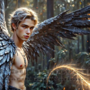 In this gallery, AI-generated dark angels — handsome fallen angels with massive black and silver wings in gothic atmospheric settings. UHD digital art collection.
