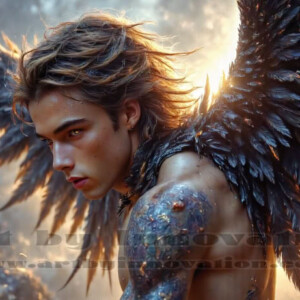 In this gallery, AI-generated dark angels — handsome fallen angels with massive black and silver wings in gothic atmospheric settings. UHD digital art collection.