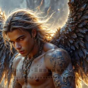 In this gallery, AI-generated dark angels — handsome fallen angels with massive black and silver wings in gothic atmospheric settings. UHD digital art collection.