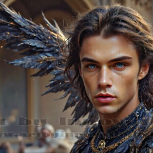 In this gallery, AI-generated dark angels — handsome fallen angels with massive black and silver wings in gothic atmospheric settings. UHD digital art collection.