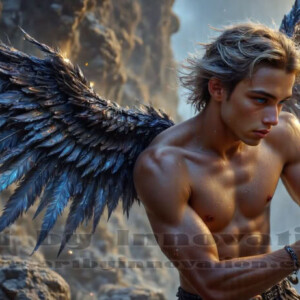 In this gallery, AI-generated dark angels — handsome fallen angels with massive black and silver wings in gothic atmospheric settings. UHD digital art collection.