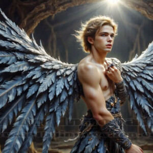 In this gallery, AI-generated dark angels — handsome fallen angels with massive black and silver wings in gothic atmospheric settings. UHD digital art collection.