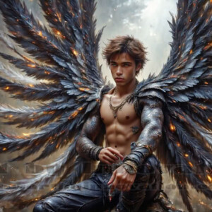 In this gallery, AI-generated dark angels — handsome fallen angels with massive black and silver wings in gothic atmospheric settings. UHD digital art collection.