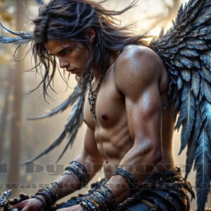 In this gallery, AI-generated dark angels — handsome fallen angels with massive black and silver wings in gothic atmospheric settings. UHD digital art collection.