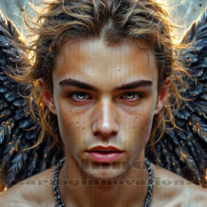 In this gallery, AI-generated dark angels — handsome fallen angels with massive black and silver wings in gothic atmospheric settings. UHD digital art collection.