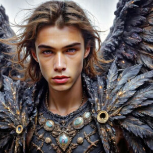 In this gallery, AI-generated dark angels — handsome fallen angels with massive black and silver wings in gothic atmospheric settings. UHD digital art collection.