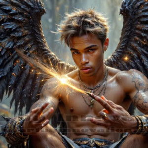 In this gallery, AI-generated dark angels — handsome fallen angels with massive black and silver wings in gothic atmospheric settings. UHD digital art collection.
