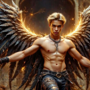 In this gallery, AI-generated dark angels — handsome fallen angels with massive black and silver wings in gothic atmospheric settings. UHD digital art collection.