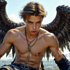 In this gallery, AI-generated dark angels — handsome fallen angels with massive black and silver wings in gothic atmospheric settings. UHD digital art collection.