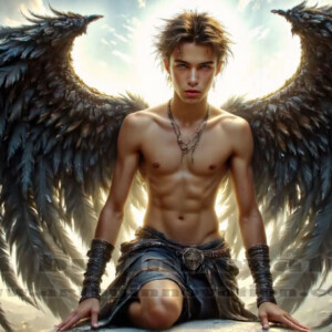 In this gallery, AI-generated dark angels — handsome fallen angels with massive black and silver wings in gothic atmospheric settings. UHD digital art collection.