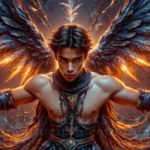 In this gallery, AI-generated dark angels — handsome fallen angels with massive black and silver wings in gothic atmospheric settings. UHD digital art collection.