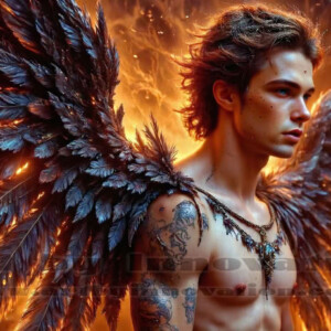 In this gallery, AI-generated dark angels — handsome fallen angels with massive black and silver wings in gothic atmospheric settings. UHD digital art collection.