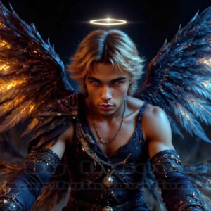 In this gallery, AI-generated dark angels — handsome fallen angels with massive black and silver wings in gothic atmospheric settings. UHD digital art collection.