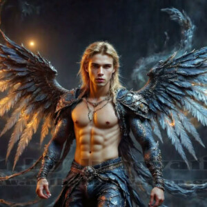 In this gallery, AI-generated dark angels — handsome fallen angels with massive black and silver wings in gothic atmospheric settings. UHD digital art collection.