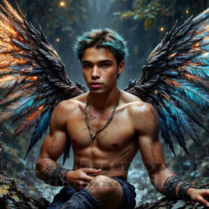 In this gallery, AI-generated dark angels — handsome fallen angels with massive black and silver wings in gothic atmospheric settings. UHD digital art collection.