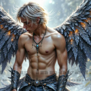 In this gallery, AI-generated dark angels — handsome fallen angels with massive black and silver wings in gothic atmospheric settings. UHD digital art collection.