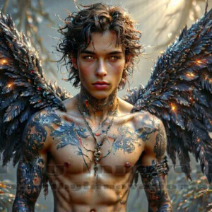 In this gallery, AI-generated dark angels — handsome fallen angels with massive black and silver wings in gothic atmospheric settings. UHD digital art collection.