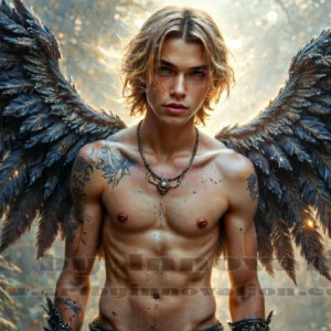 In this gallery, AI-generated dark angels — handsome fallen angels with massive black and silver wings in gothic atmospheric settings. UHD digital art collection.